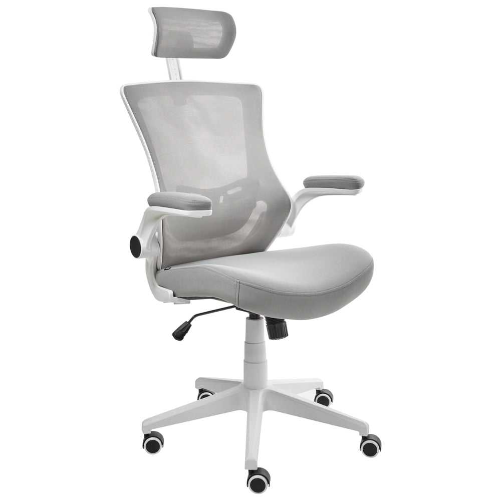 Sedia da ufficio professionale con rivestimento in mesh grigio chiaro Poggiatesta e braccioli regolabili Sedile pneumatico Base girevole