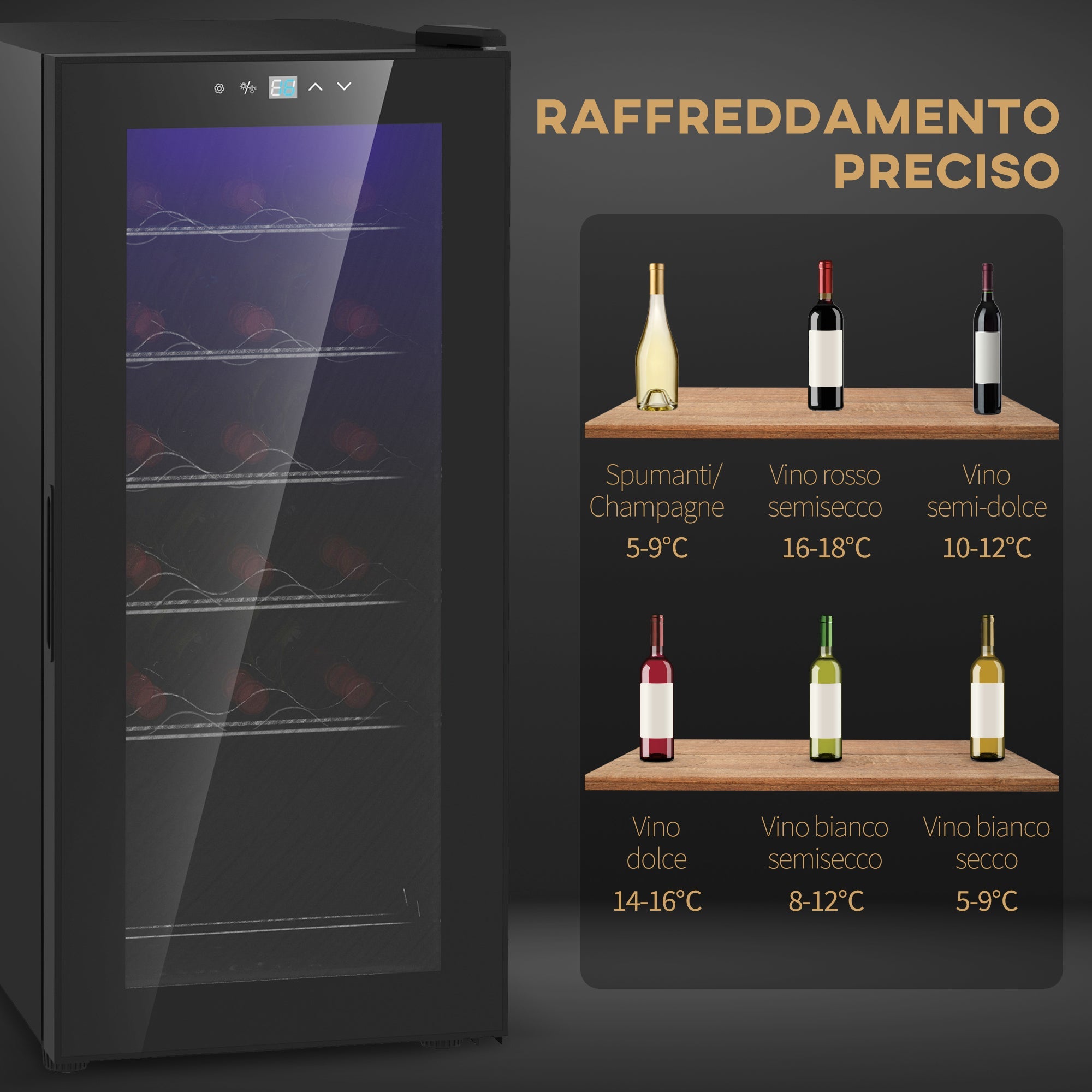 Cantinetta Frigorifero 18 Bottiglie di Vino Display e Luce LED e Controllo Temperatura