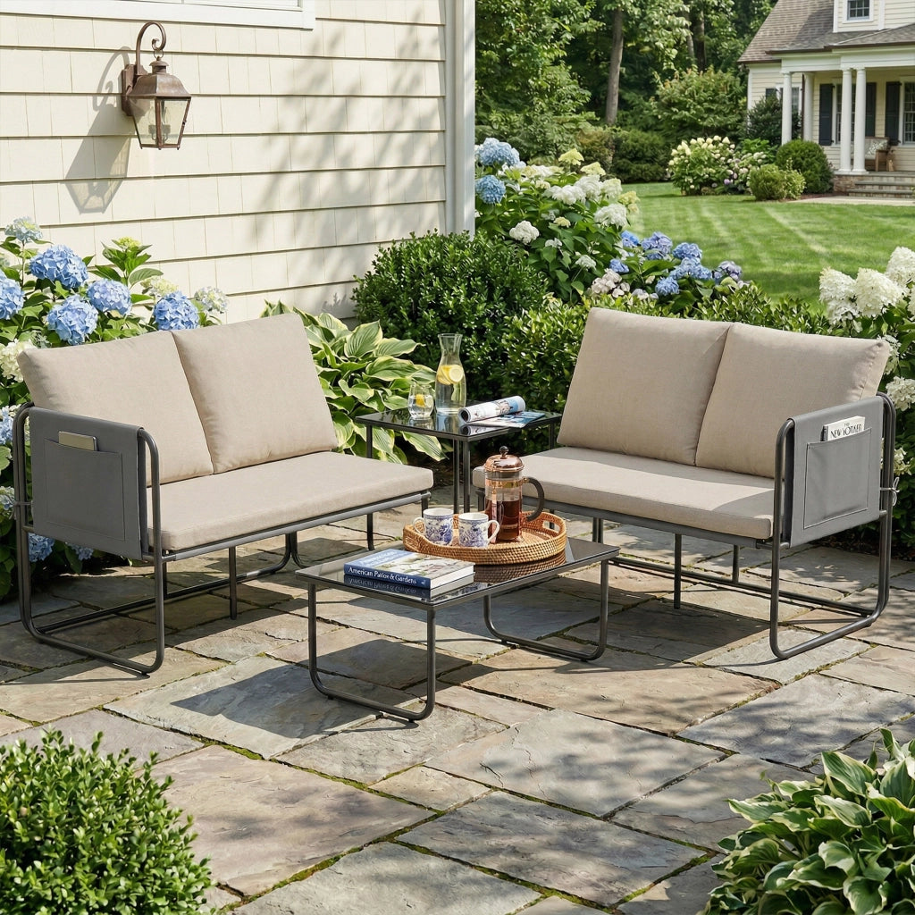 Set giardino esterno 4 pezzi ¨C zephmum ¨C 2 divani 2 posti 2 tavolini vetro cuscini copridivano caqui