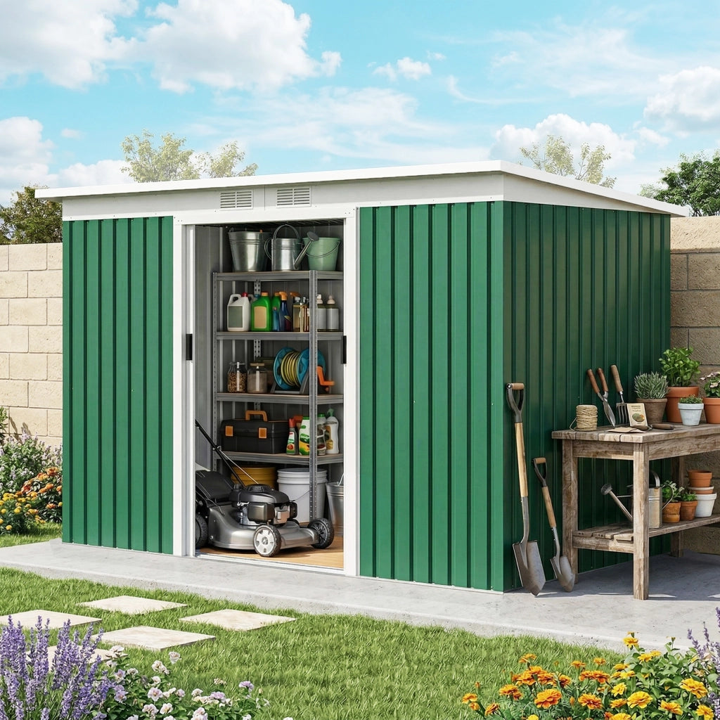 Casetta da Giardino Porta Utensili in Lamiera di Acciaio con Porte Scorrevoli, 280x130x172cm, Verde Scuro