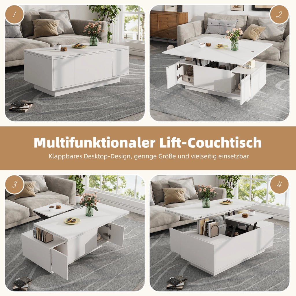 Tavolino alzabile con 2 ante e vano contenitore - per soggiorno - 100×50×43 cm - bianco