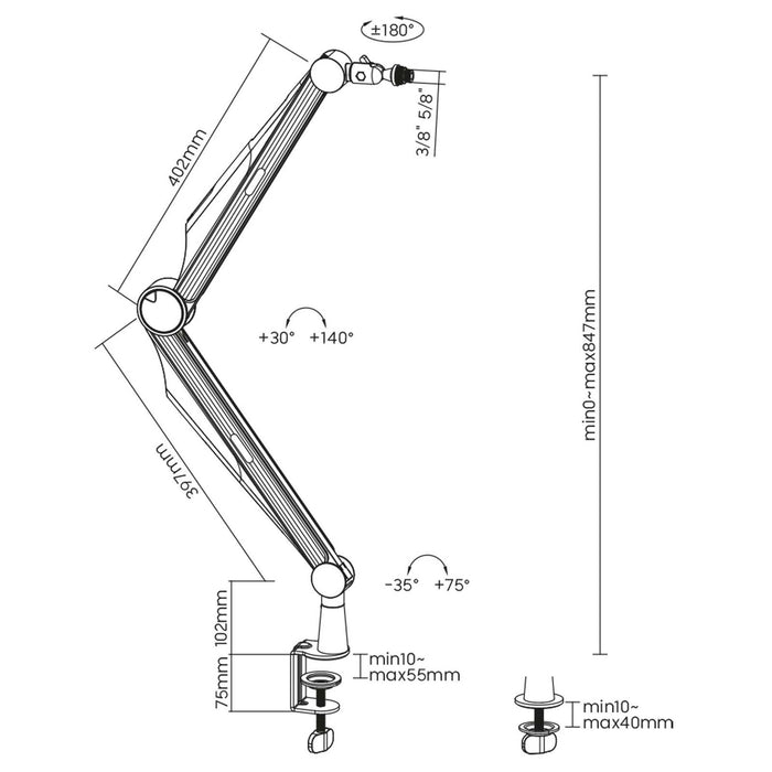 Asta microfono da tavolo 80cm Braccio snodabile per microfoni da 3/8" e 5/8"