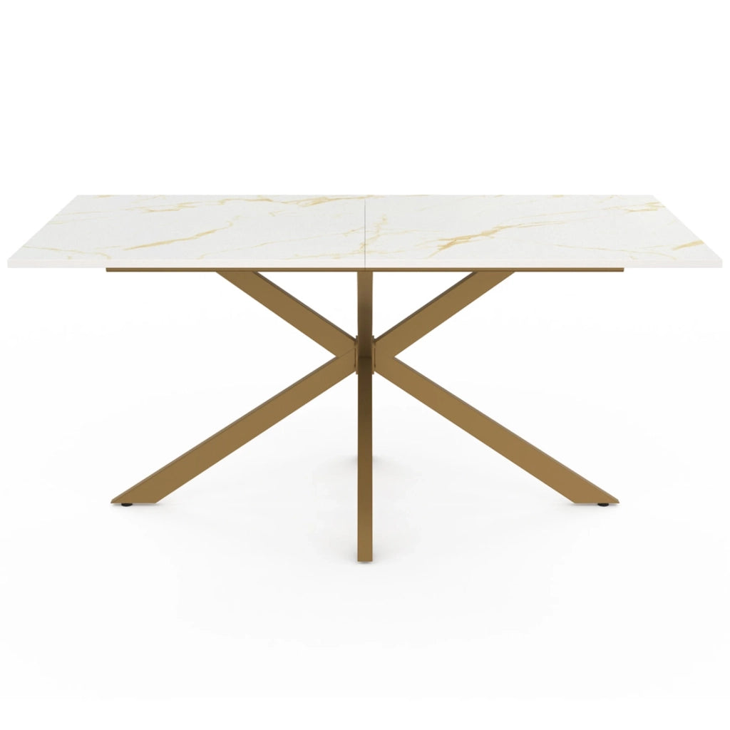 IDMarket - ALIX Tavolo da pranzo rettangolare per 8 persone con gamba a ragno in ottone e piano effetto marmo bianco ALASKA 160 cm