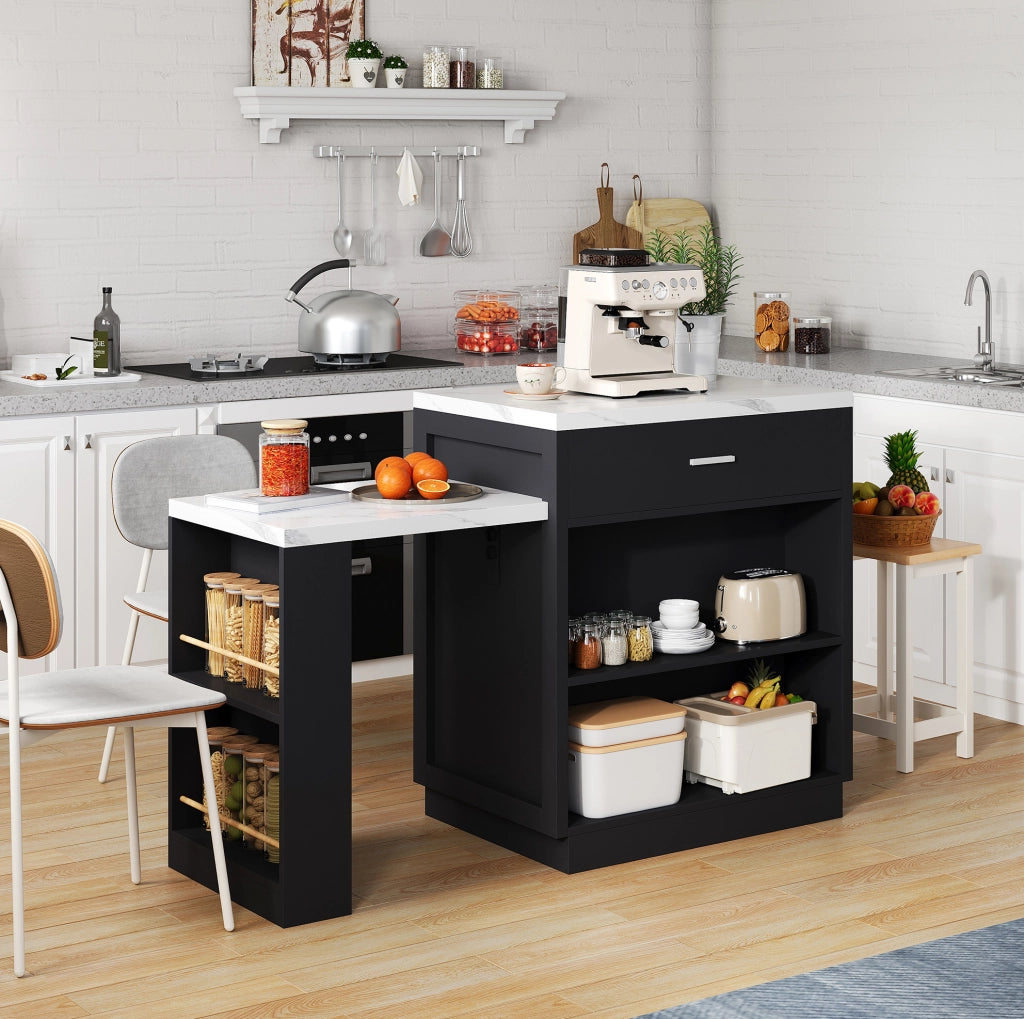 Isola da cucina con tavolo estraibile per 2-6 persone; presa elettrica; MDF nero; 211x55x89;5 cm