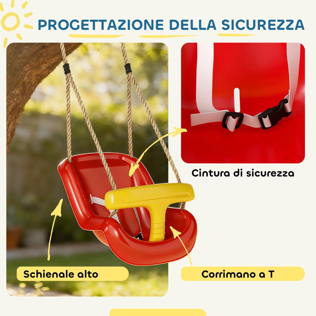 Altalena per Bambini 9-36 mesi Regolabile con Corde e Moschettoni, in PE, 28x36x180 cm, Rossa e Gialla