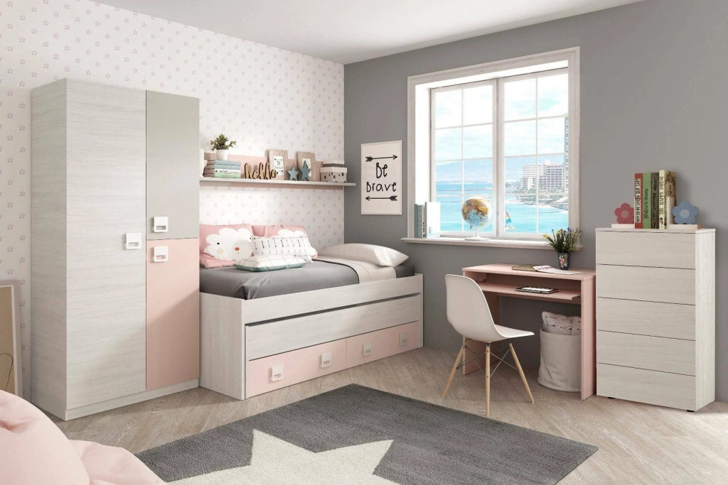 Guardaroba Aronia, Armadio per cameretta, Mobile a 3 ante e 3 ripiani con barra appendiabiti, cm 90x52h200, Grigio e Rosa