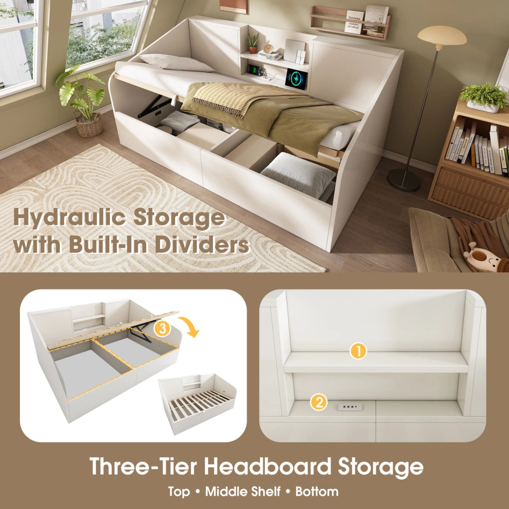Letto da giorno 90x200 cm bianco in legno con contenitore; 2 ripiani e porta USB