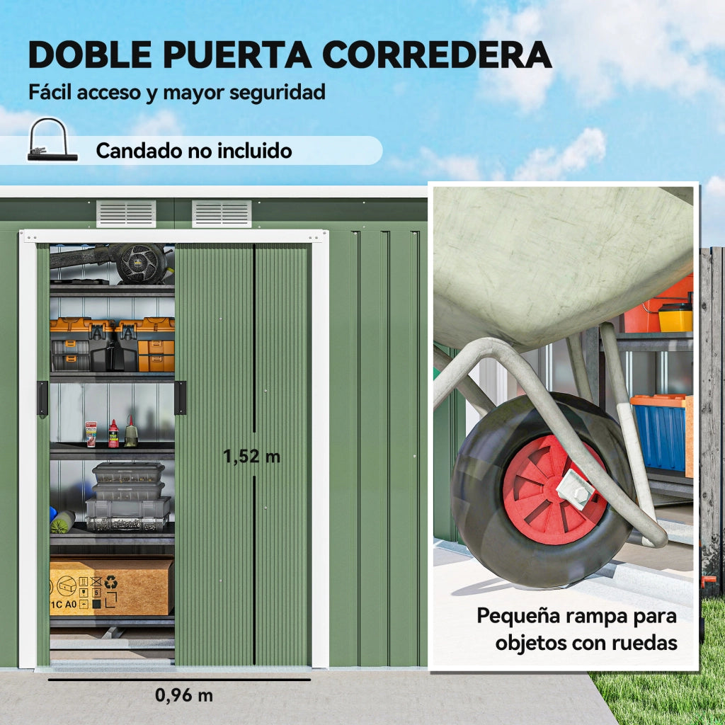 Casetta da Giardino 280x130x172 cm ¨C Xylo ¨C Verde Chiaro con Porte Scorrevoli Base Ventilazione Esterno