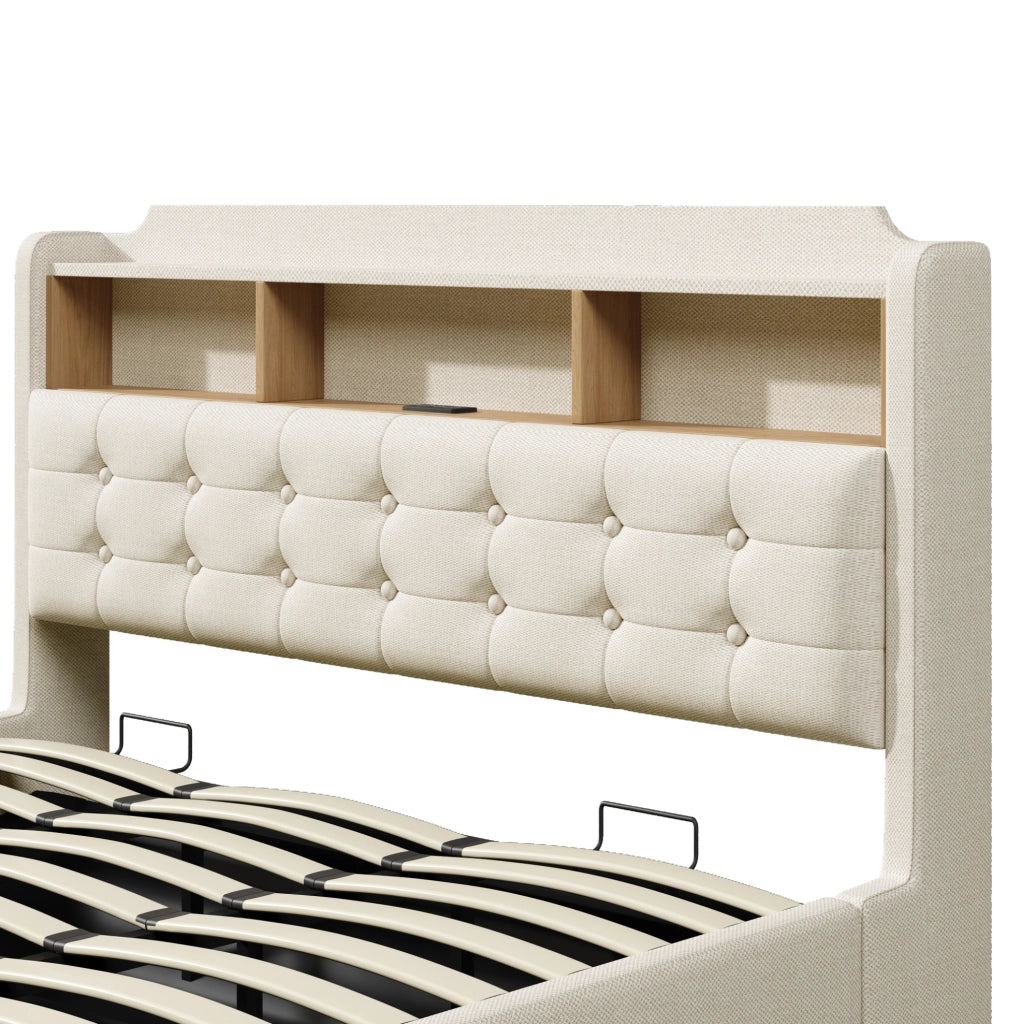 Letto imbottito 180x200 cm con LED; contenitore idraulico; USB e Type-C; beige