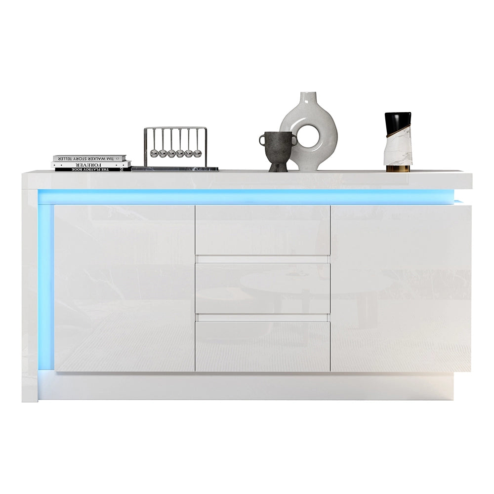 Credenza 140x35x72cm - Xylo - 3 Cassetti e 2 Ante Lucide con LED, Bianco