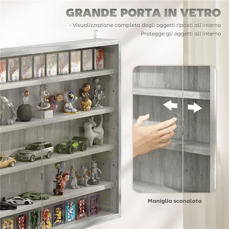 VETRINA PER COLLEZIONISMO A 4 RIPIANI REGOLABILI IN LEGNO CON ANTE IN VETRO, 80X9.5X60 CM, GRIGIO
