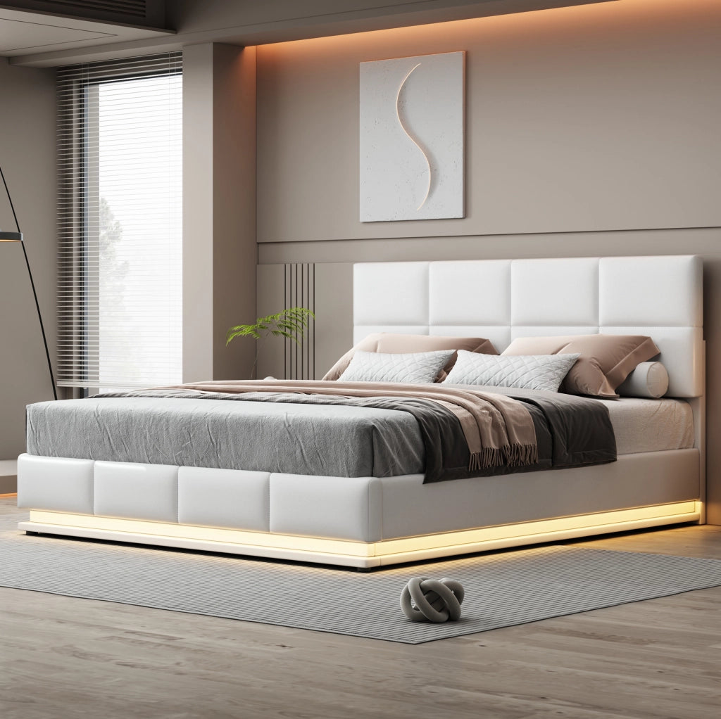 Letto 180x200 cm con LED e contenitore sollevabile in similpelle bianco