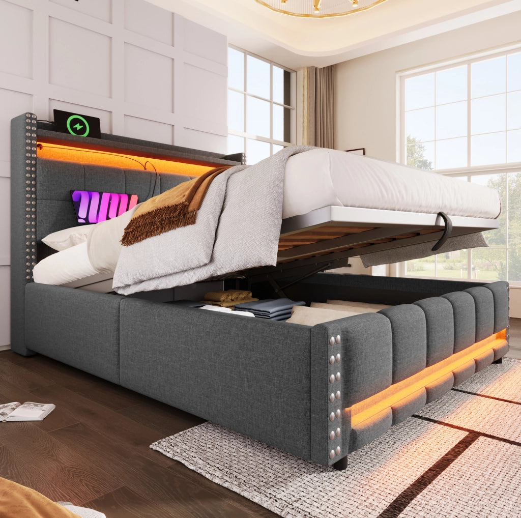 Letto matrimoniale imbottito 160x200 cm con LED, USB e contenitore