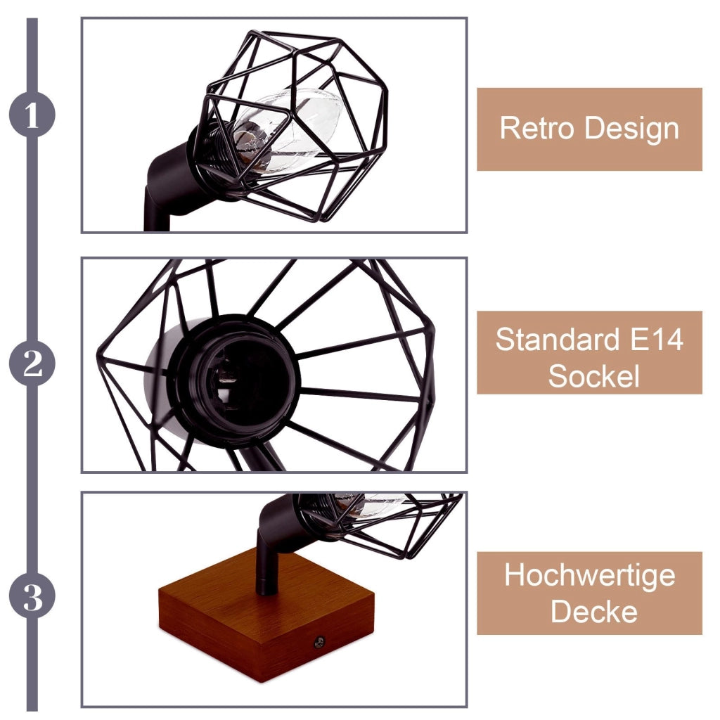 ZMH Faretto da soffitto neri 1 fiamma legno E14 vintage per soggiorno