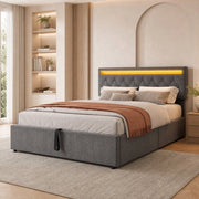 DESMIU Letto contenitore 140 × 200 cm 2 posti con LED, USB e Type-C, senza materasso, in lino e MDF, grigio