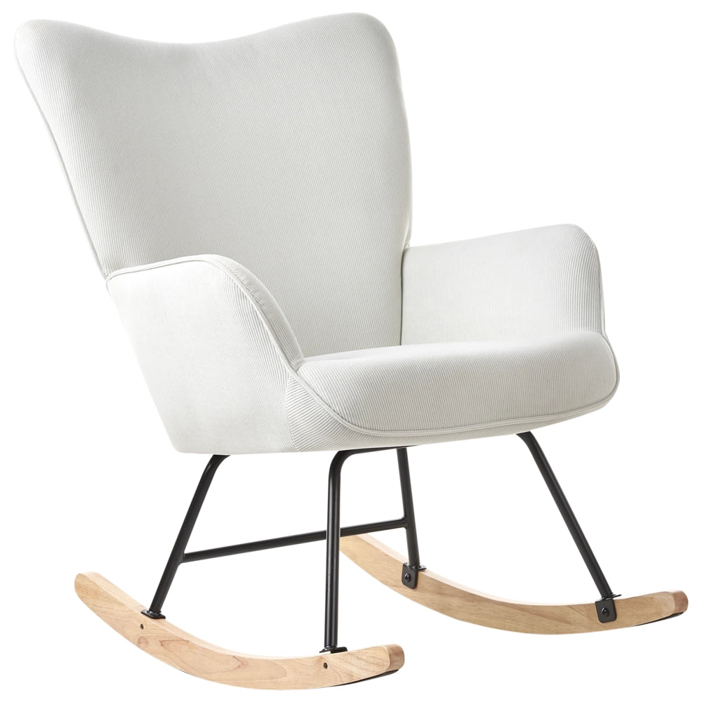 Poltrona a dondolo Bianco sporco Jumbo Corda Tappezzeria Metallo Gambe nere Confortevole Ampio schienale e braccioli Soggiorno Camera da letto