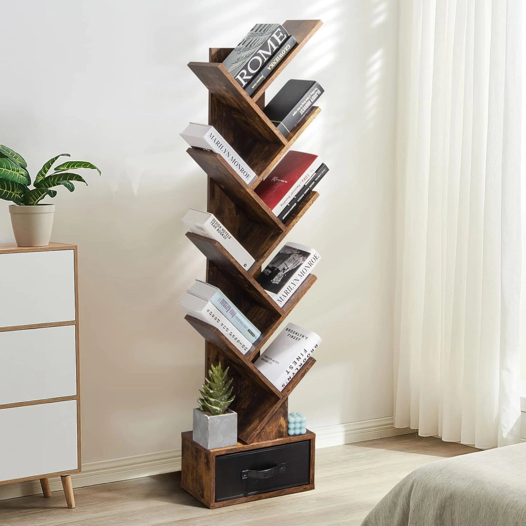 Libreria ad Albero, a 8 Ripiani, Scaffale per Libri con Cassetto Rimovibile, Design di Antiribaltamento, Organizzazione per CD, Riviste, Libri, 38x20x149,5 cm, 4 Colori (Marrone)