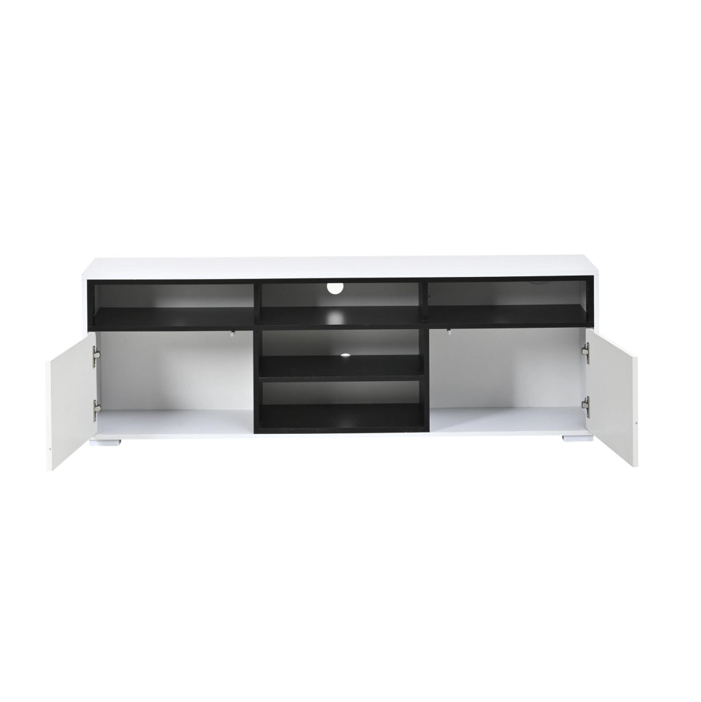 Mobile TV ULEVR 150x35x50 cm con LED USB, 2 ante push-to-open e vani aperti, bianco e nero