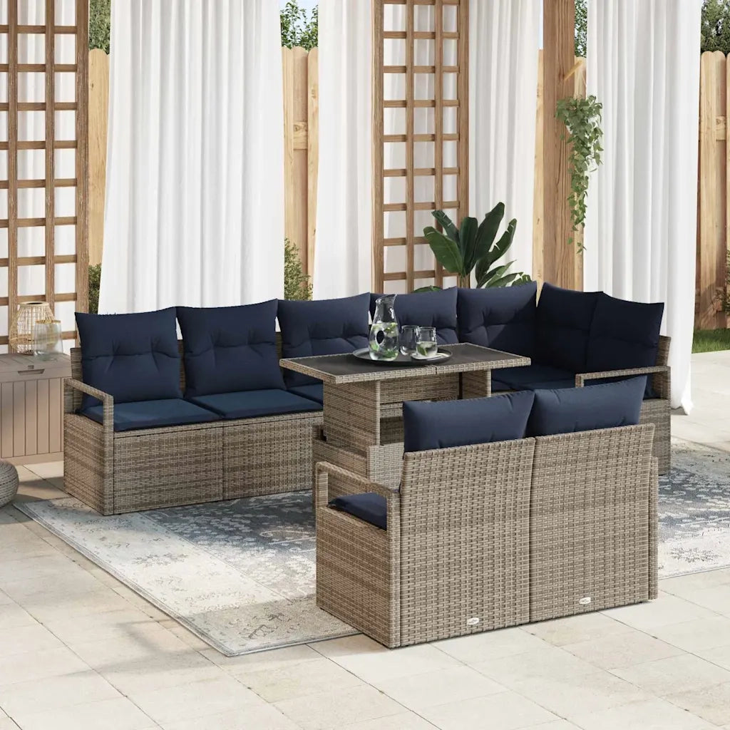 Set Divano da Giardino 9 pcs Grigio e Blu Navy polyrattan