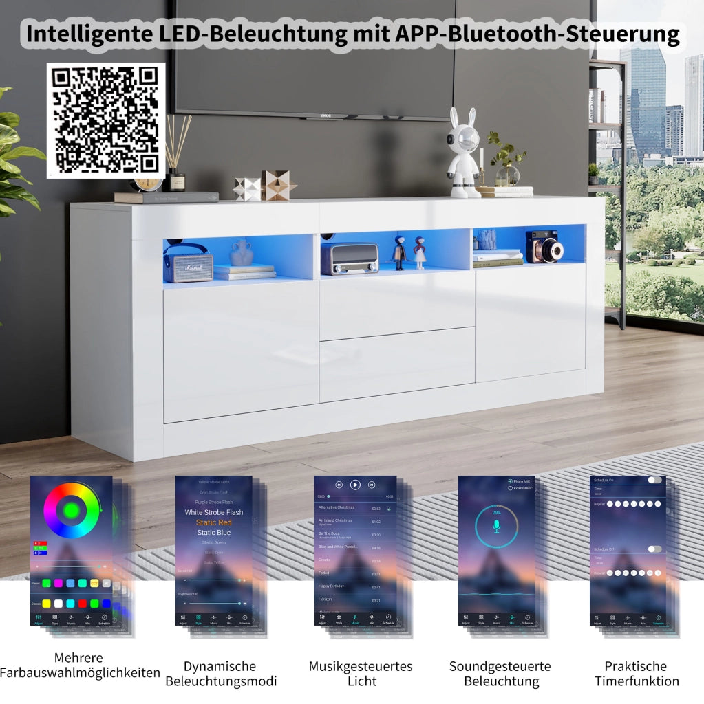 Mobile TV bianco lucido 160x35x60 cm con LED, 2 ante e 2 cassetti