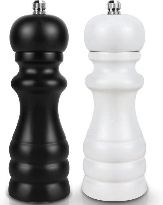 Set di macinatura sale e pepe, 2 pezzi, grande, con lavorazione ceramica regolabile, pepe, nero e bianco, in legno, macinatore di pepe e sale manuale per sale grossolana, pepe, chili (16,5 cm)