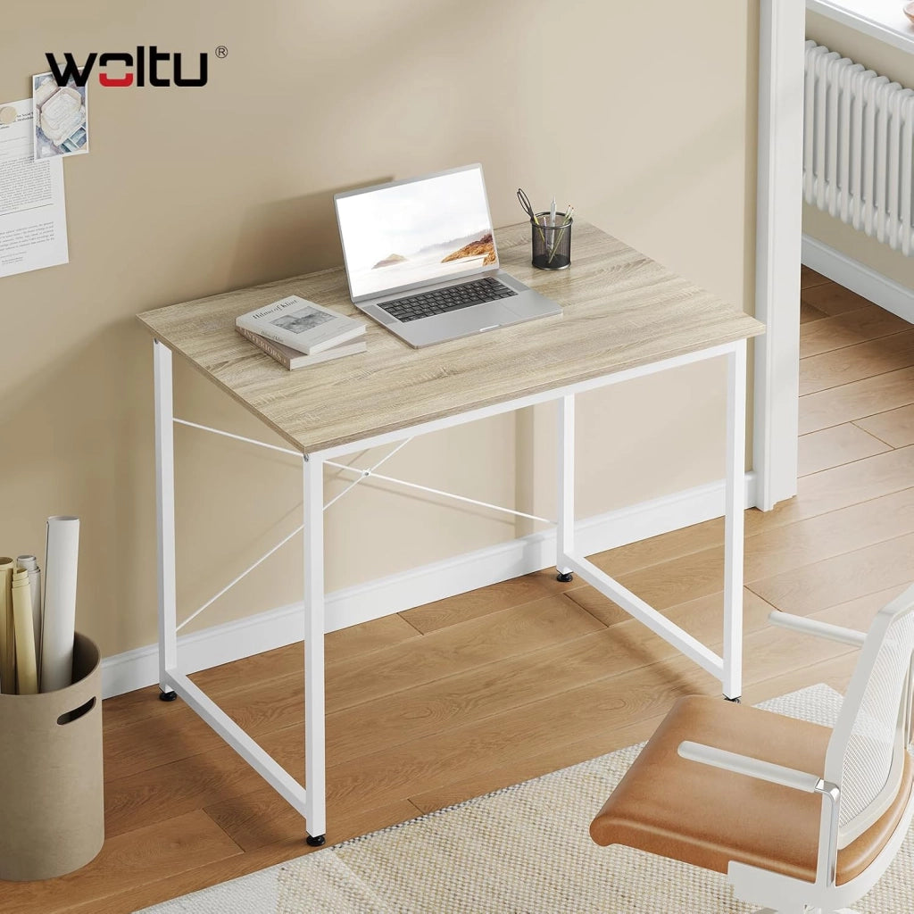 Scrivania Salvaspazio, Tavolo per Computer, Rovere Chiaro + Bianco per Studio, Home Office, Camera da Letto, in Legno e Metallo, 80x60x70 cm