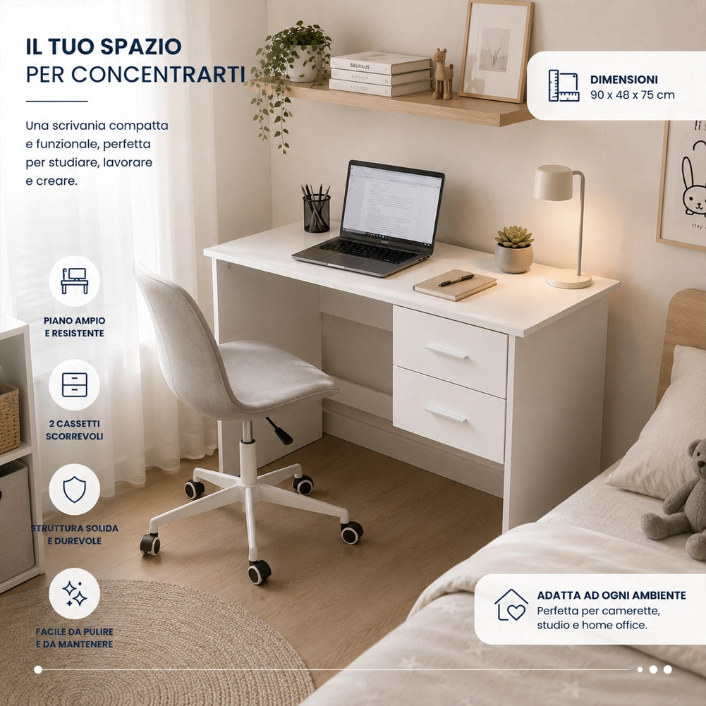 Scrivania da Ufficio Bianca Porta PC da Casa con Cassetti 90x48x75cm Salvaspazio