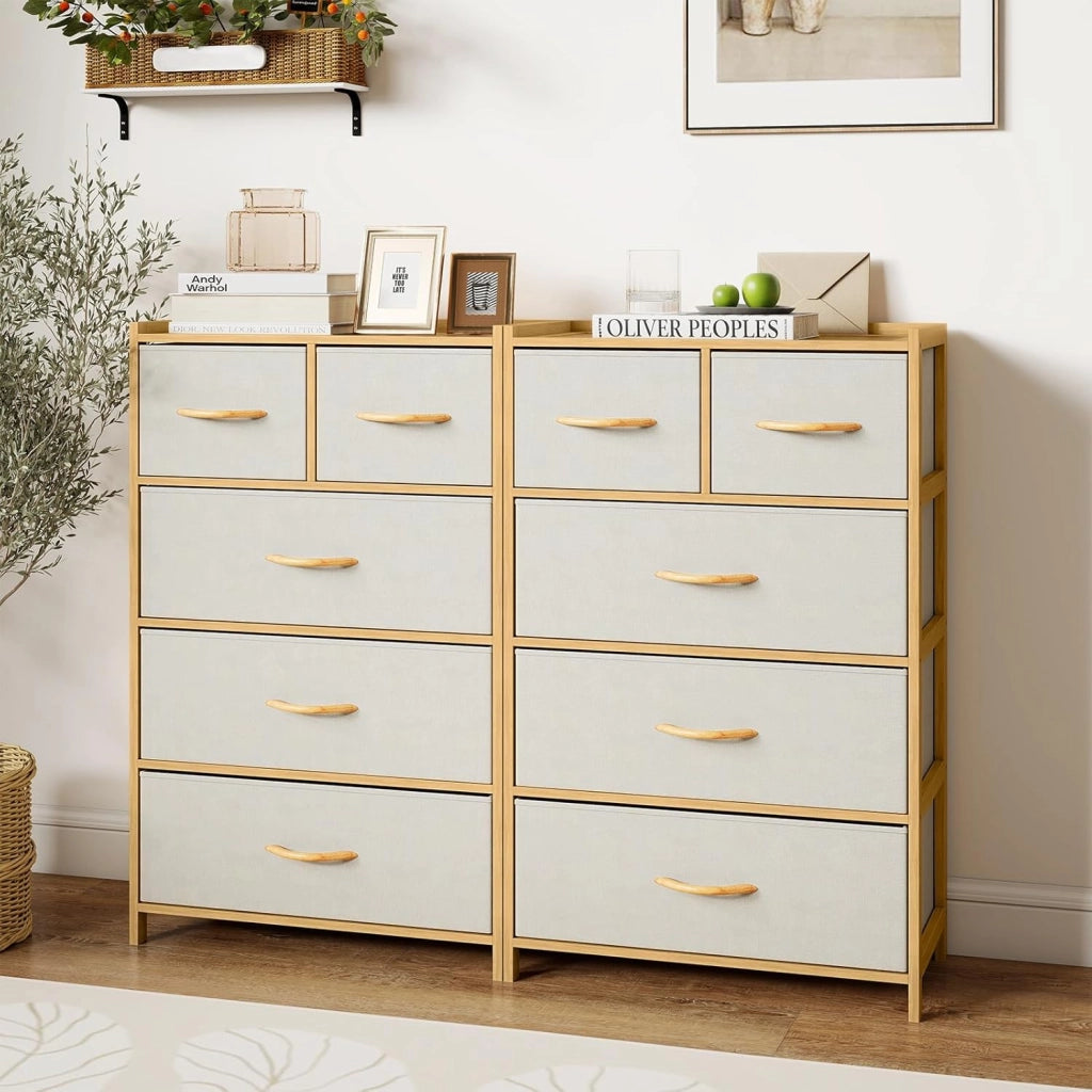 Cassettiera con 5 cassetti pieghevoli in tessuto, armadio con cassetti e telaio in bambù, armadio portaoggetti in tessuto, organizer per soggiorno, 58 x 30 x 94 cm