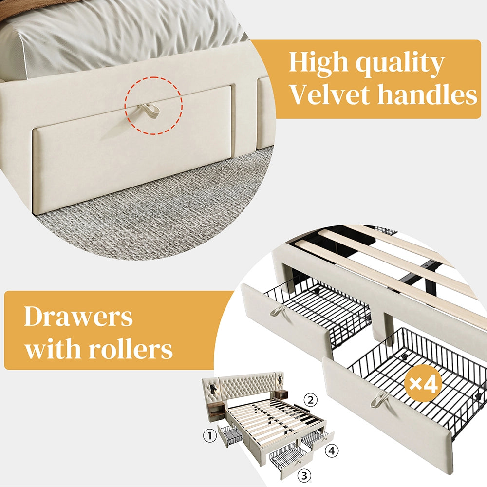 Letto con contenitore - Xylo - 160x200 cm - Beige - 2 comodini, 4 cassetti, USB