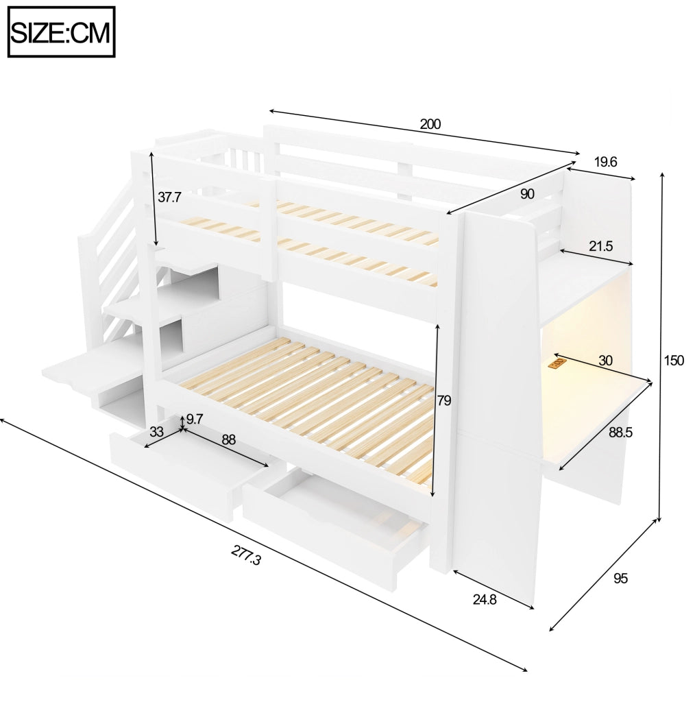 Letto a soppalco per bambini 90x200 cm in legno; con scrivania; LED e cassetti; bianco