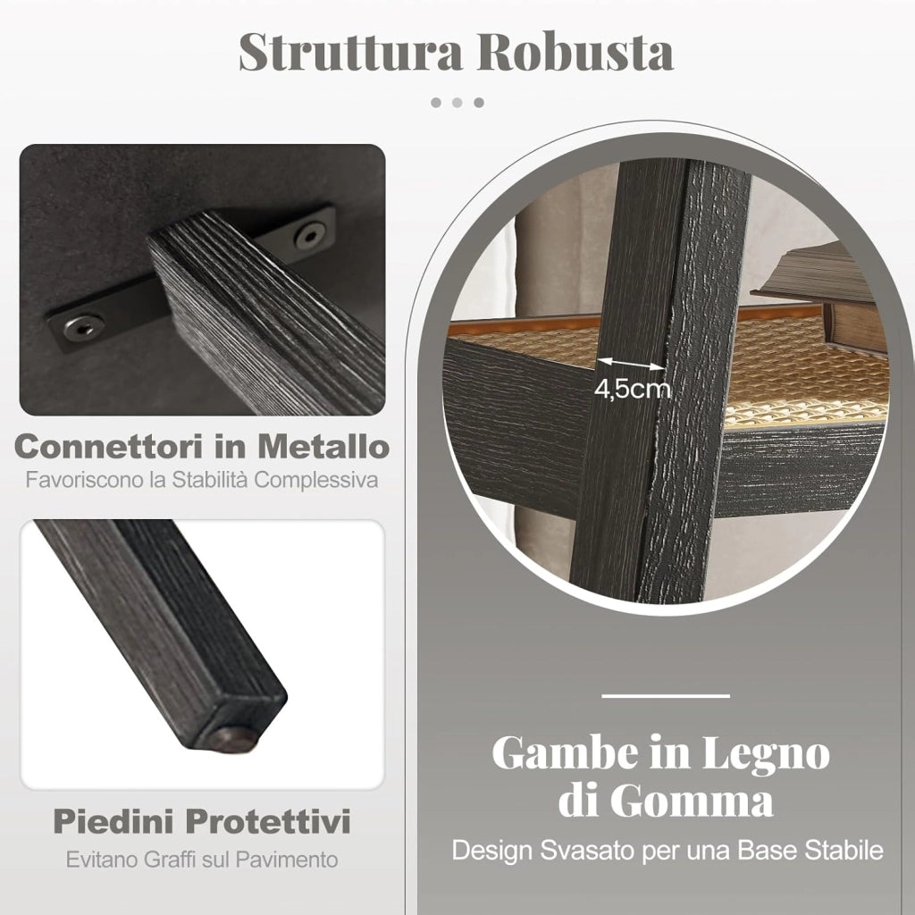 Tavolino da Salotto, Tavolo da Caffè a 2 Livelli in Rattan e Gambe in Legno di Gomma, Tavolo Rettangolare per Soggiorno, Ufficio e Salone, Portata 9,5 kg, 100 x 55 x 44,5 cm