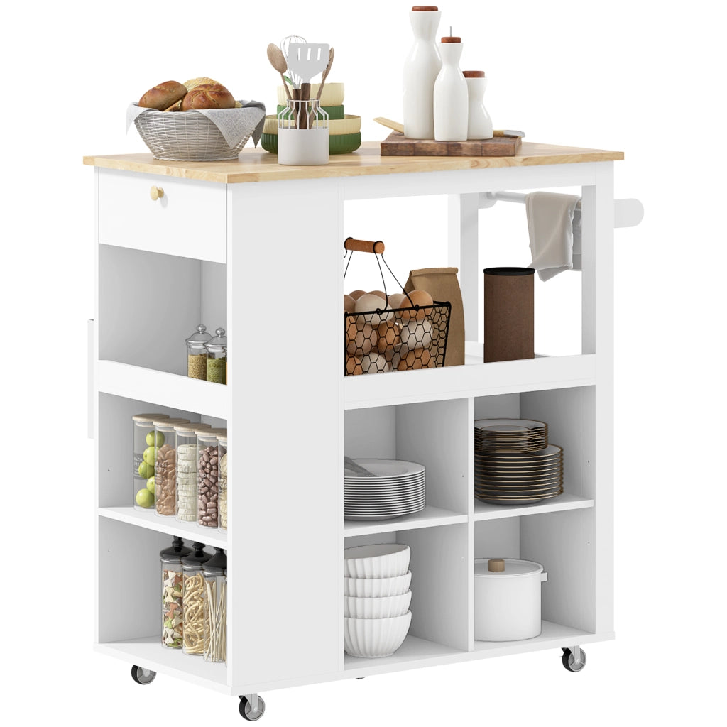 Carrello Isola da Cucina con Ripiani Regolabili e Piano in Legno ¨C Minimal ¨C Bianco 86.5x47x88 cm