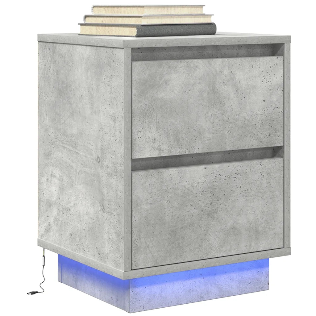 Set di 2 Comodini | Armadio da Notte | Mobiletto da notte con Luci a LED Grigio Cemento 38x34x50 cm