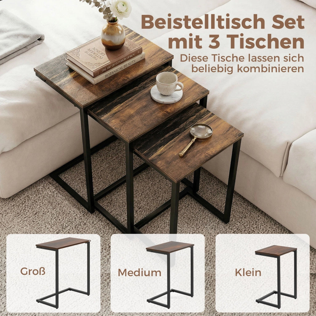Set 3 Tavolini Impilabili ¨C Xylo ¨C Stile Industrial Legno Marrone e Metallo Nero 45x30x60 cm