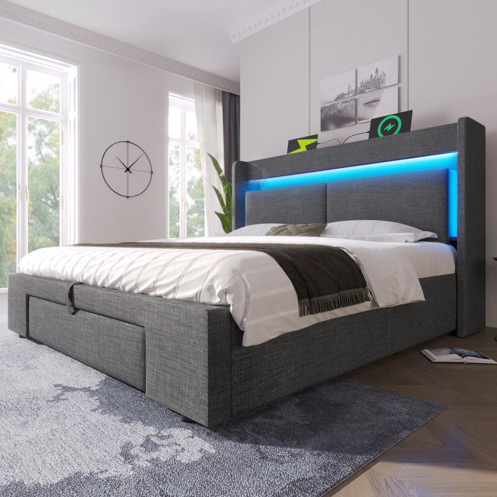 LETTO contenitore 160x200 cm Grigio in lino con testiera LED e porte USB