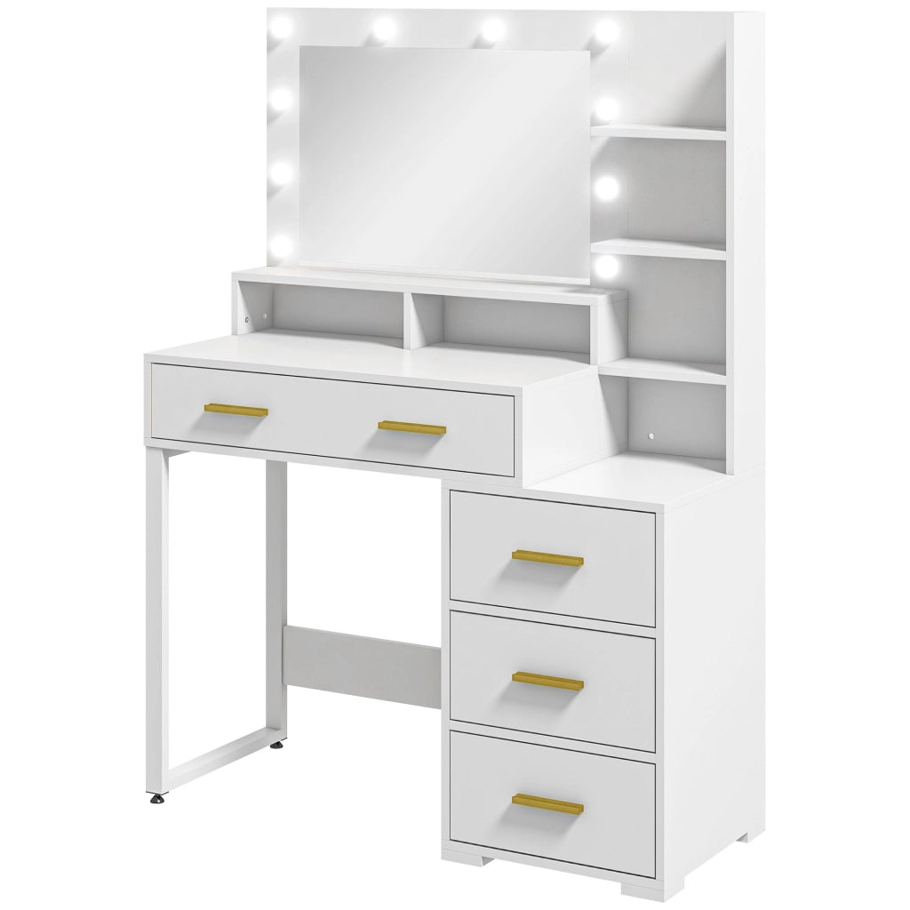 Tavolo da Trucco in Legno con 4 Cassetti, 6 Ripiani Aperti e Specchio, 100x40x138 cm, Bianco