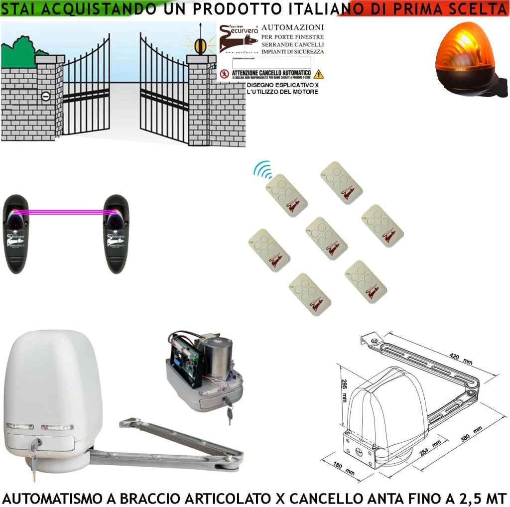 CANCELLO ELETTRICO KIT MOTORE A BRACCIO ARTICOLATO 230/24 V ANTA BATTENTE DA 0,5 A 2,5 MT CENTRALE 7 RADIOCOMANDI FARO FOTOCELLULE