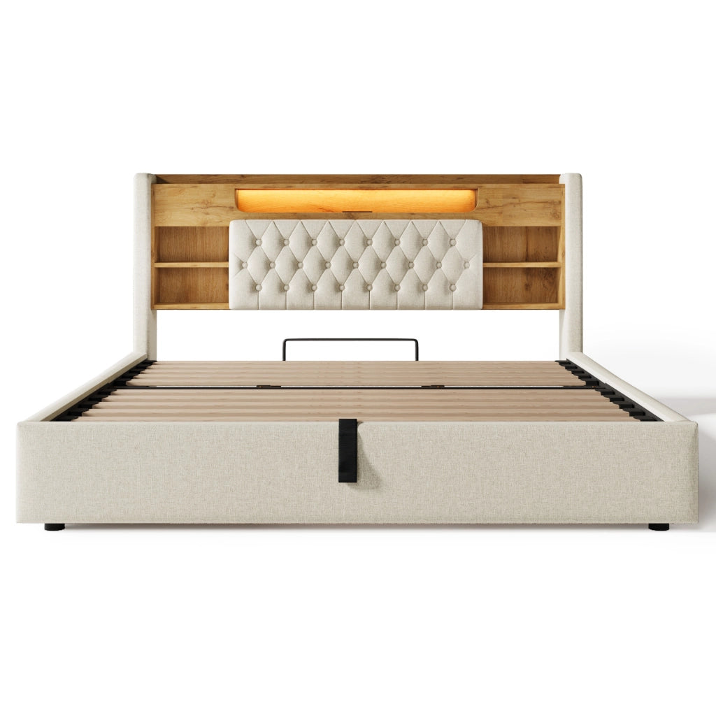 Letto matrimoniale 180x200 cm in lino beige con contenitore; LED e porte USB