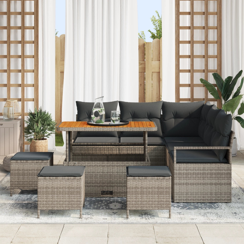 Set Divano da Giardino Con Cuscini 9 Pezzi Grigio Polyrattan Acacia