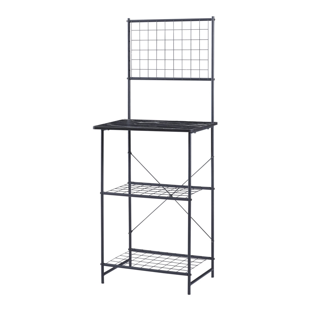 Scaffale da Cucina 'Nibe' Mobile da Stoccaggio Supporto per Microonde Organizzatore da Cucina con Parete a Griglia e Ripiani - Nero / Effetto Marmo [en.casa]