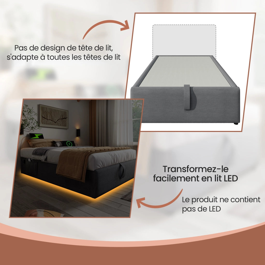 OKWISH Letto contenitore 90×200 cm, Letto Singolo con USB, Type C e Vano Contenitore, senza Materasso, in Lino Cotone, Grigio