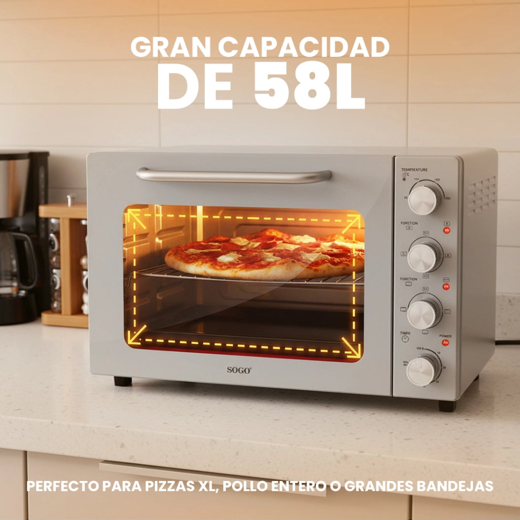 Forno elettrico ventilato 58L con girarrosto, 6 funzioni cottura, termostato 90-230°C, 2000W cucina - SOGO