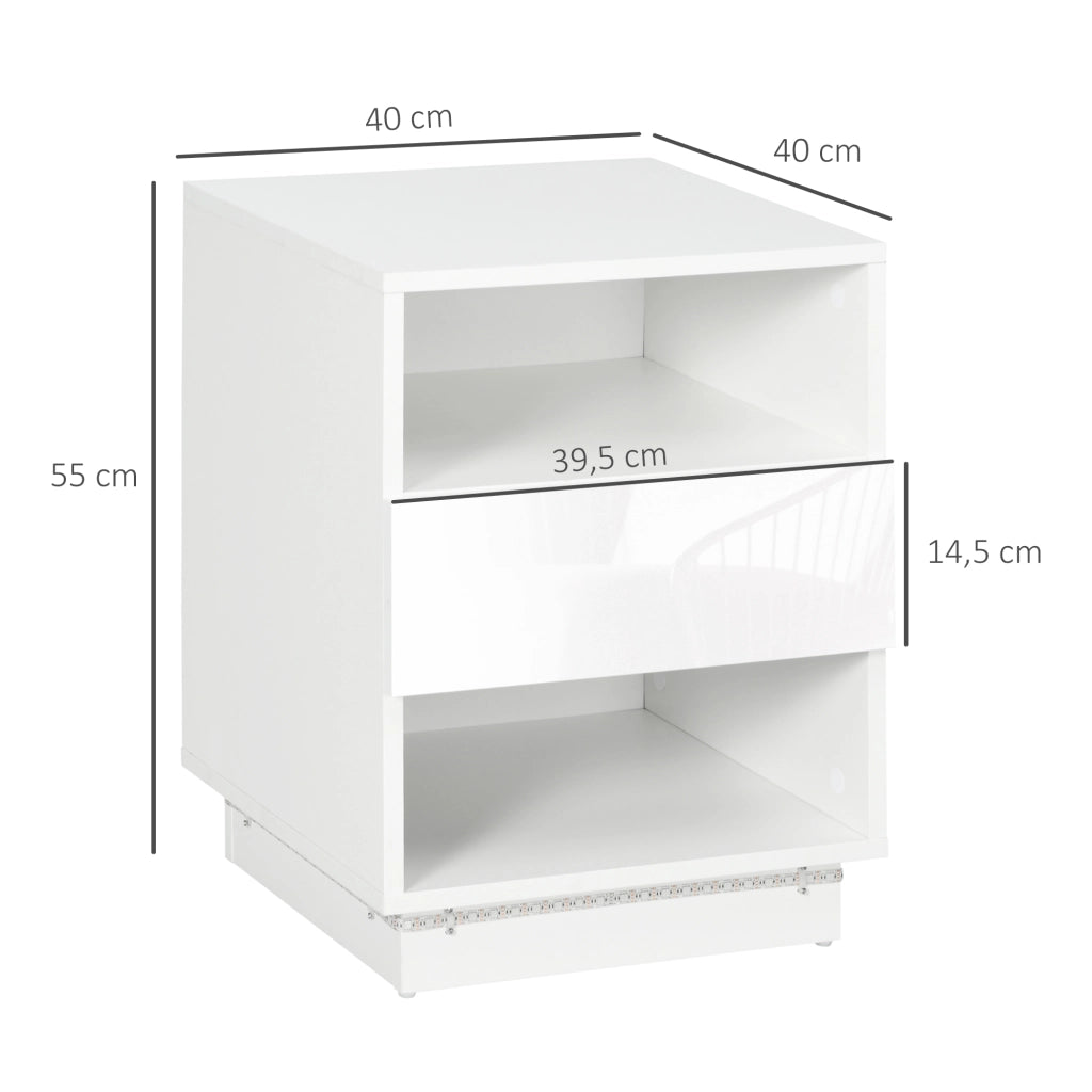 Comodino con Luce LED e Cassetto ¨C Zephmum ¨C Bianco 40x40x55 cm