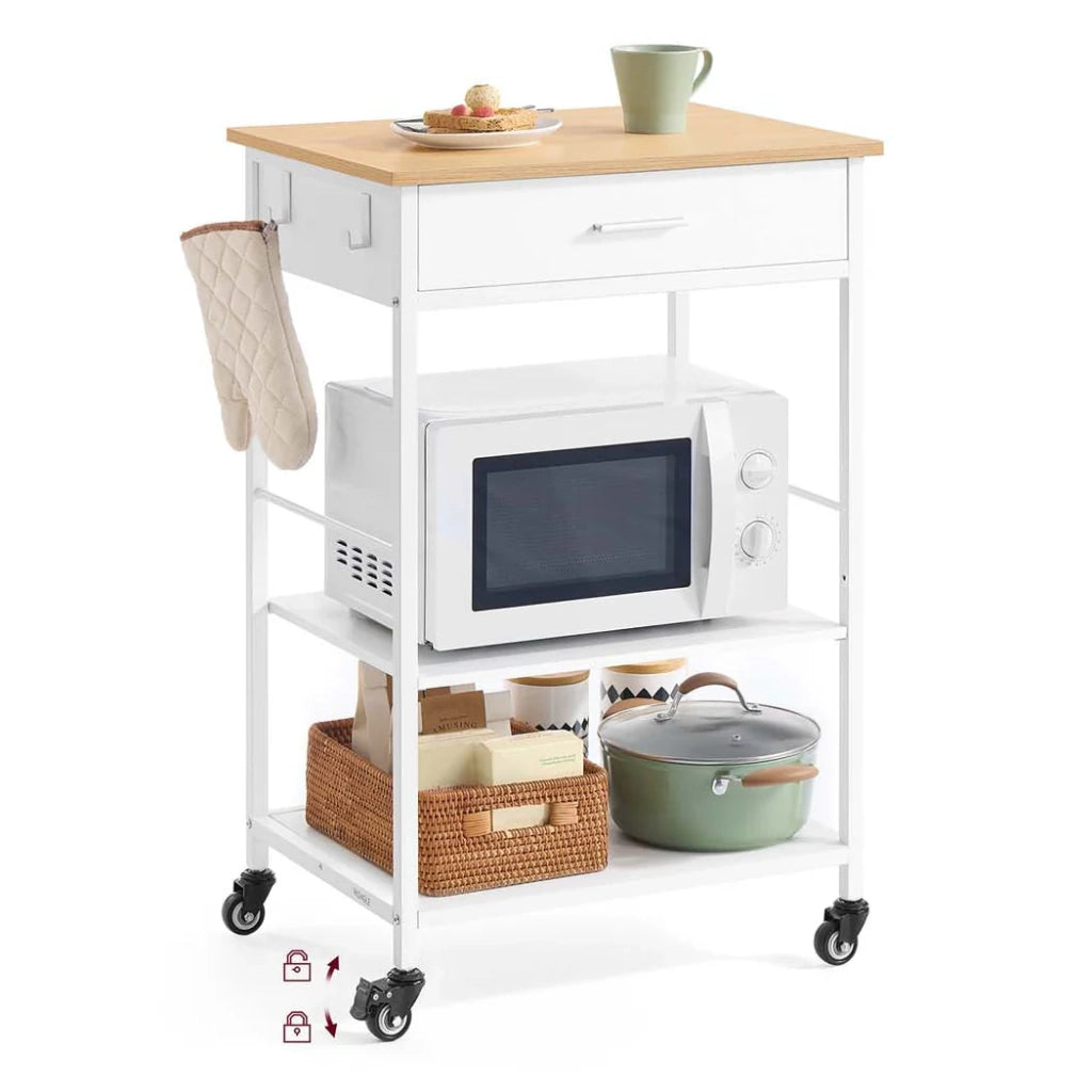 Carrello da cucina su ruote isola cucina mobile 45 x 60 x 90 cm con cassetto e 2 ganci per sala da pranzo bianco 12_0008027