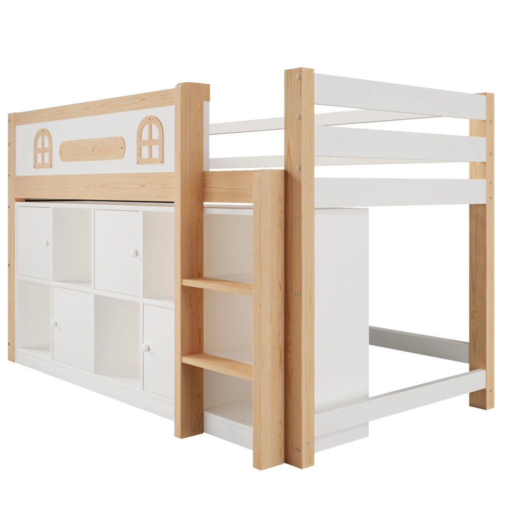 Letto semialto 90x200 cm con lavagna; vani contenitore e scala; bianco e naturale