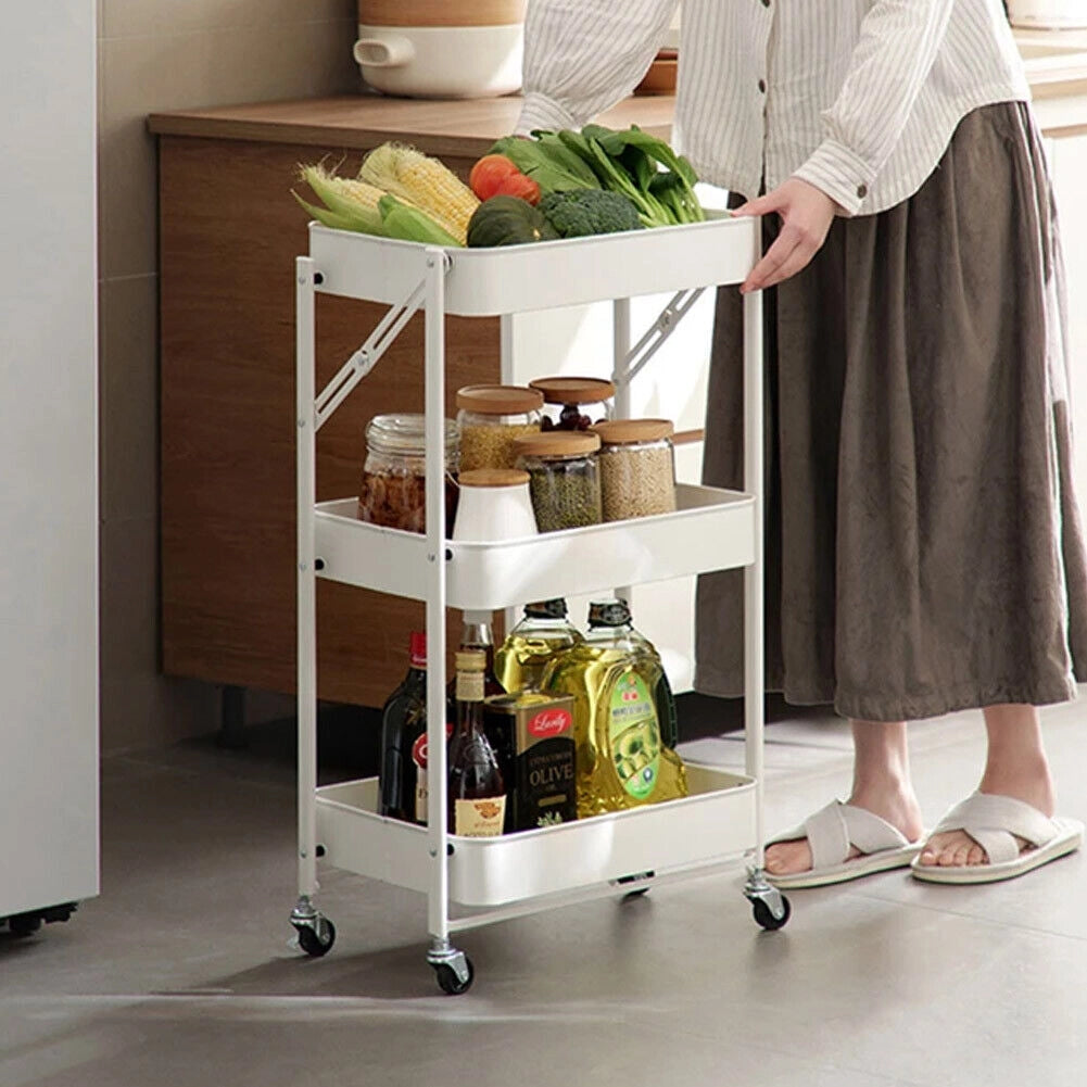 Carrello cucina Slim Pieghevole 3 Ripiani Metallo Trolley Servizio 4 Ruote Bianc
