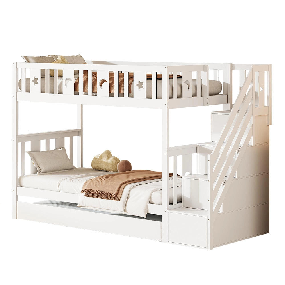 Letto a castello estraibile - Xylo - 90x190cm bianco, scala con ripiani