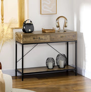 Consolle 100x35x76.5 cm con 2 cassetti e ripiano inferiore; struttura in metallo; legno; marrone
