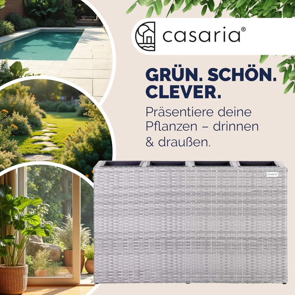 Fioriera Rettangolare 95x27x60 cm con 4 Vasi Interni in Polyrattan con Sistema di Drenaggio Fioriere Porta Vaso da Fiori Piante Divisorio Giardino Balcone Terrazza Grigio