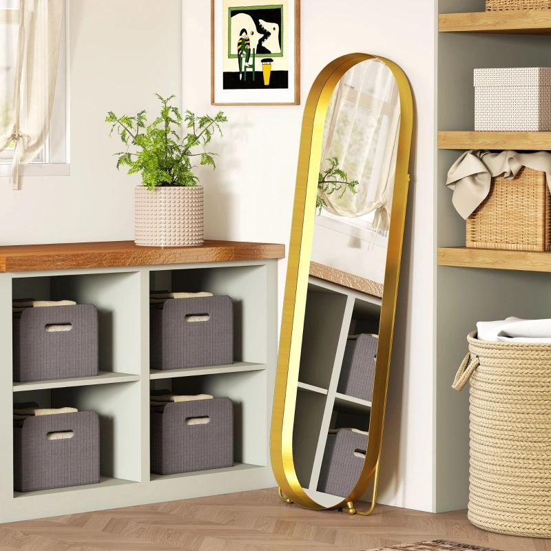 SPECCHIO OVALE 160x50 cm con cornice in metallo oro, da appoggio e autoportante